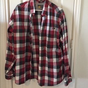 Men's red plaid button down shirt