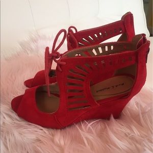 Red faux suede wedges