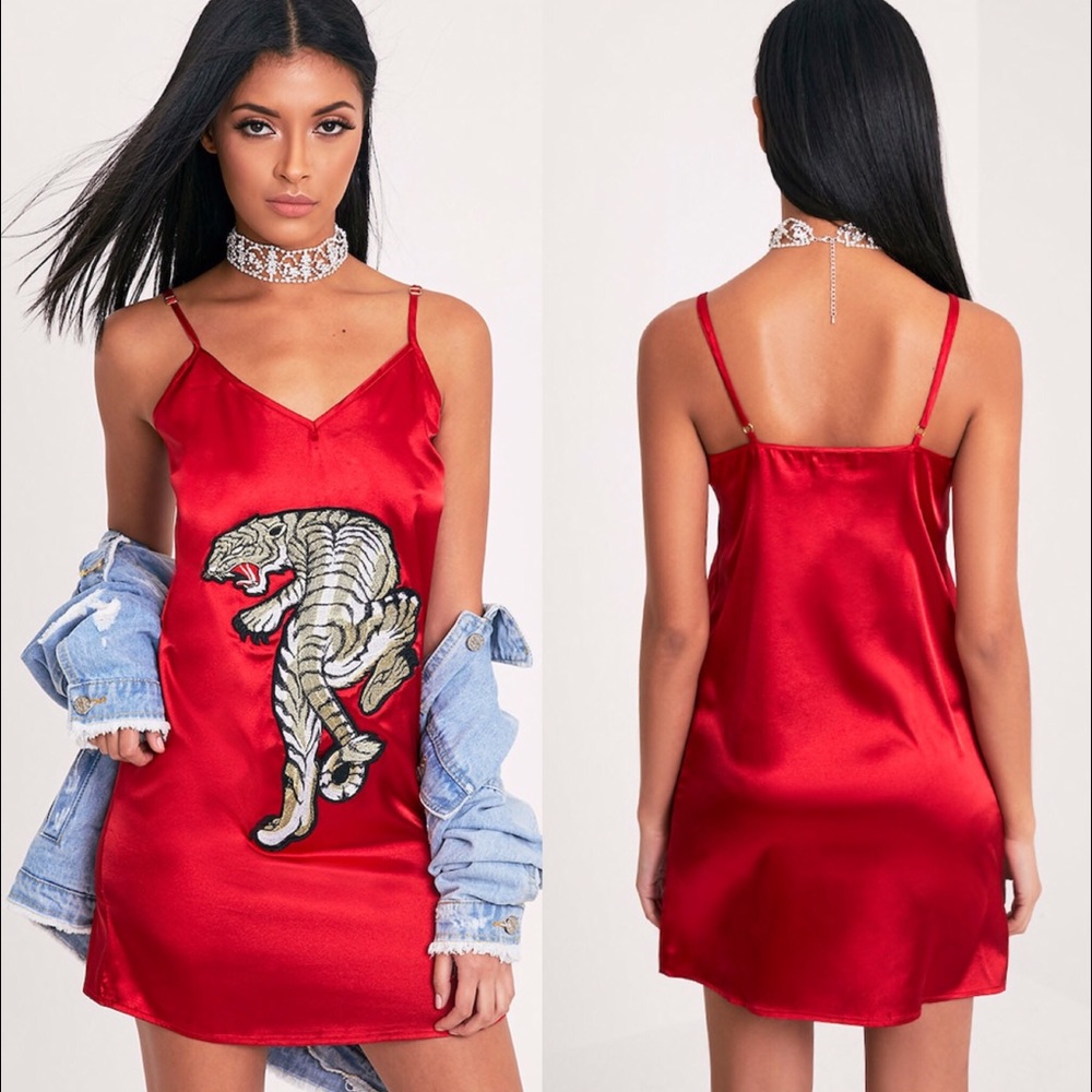 PRETTY LITTLE THING Red Tiger Appliqué Slip Dress