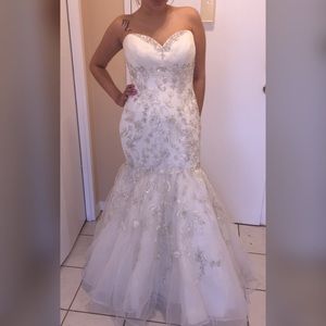 White wedding dress w/ beaded details and gloves.