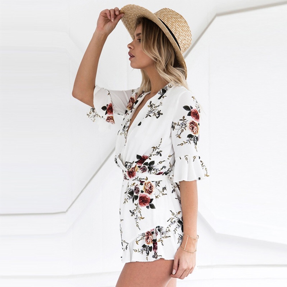 Floral Ruffled Half Sleeve Surplice Waisted Romper - Picture 3 of 8