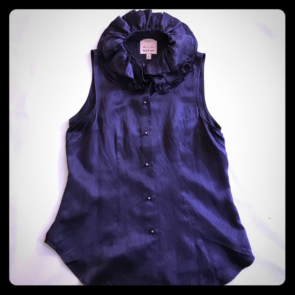 Anthropologie navy ruffle neck silk blouse