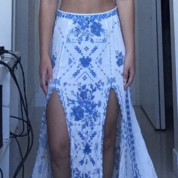 blue and white maxi skirt double slit - Picture 5 of 5