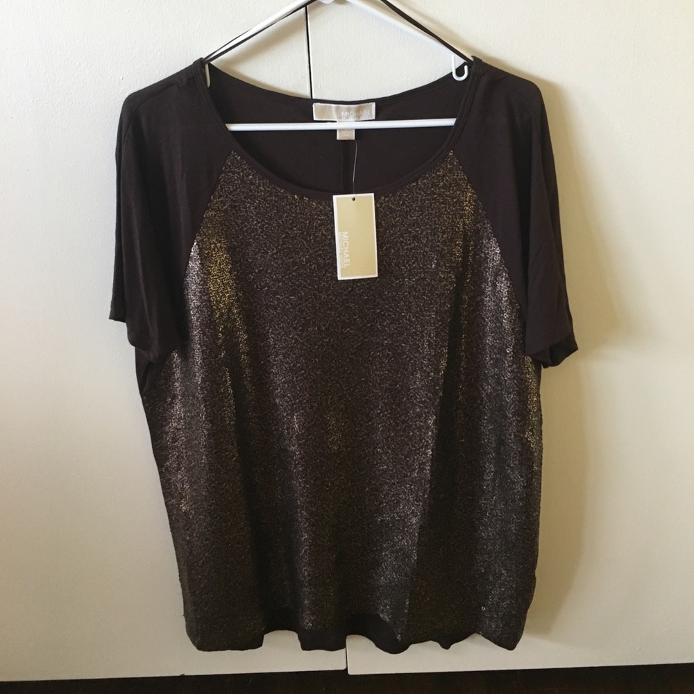 Michael Kors Brown Sequin Front Blouse size L NWT