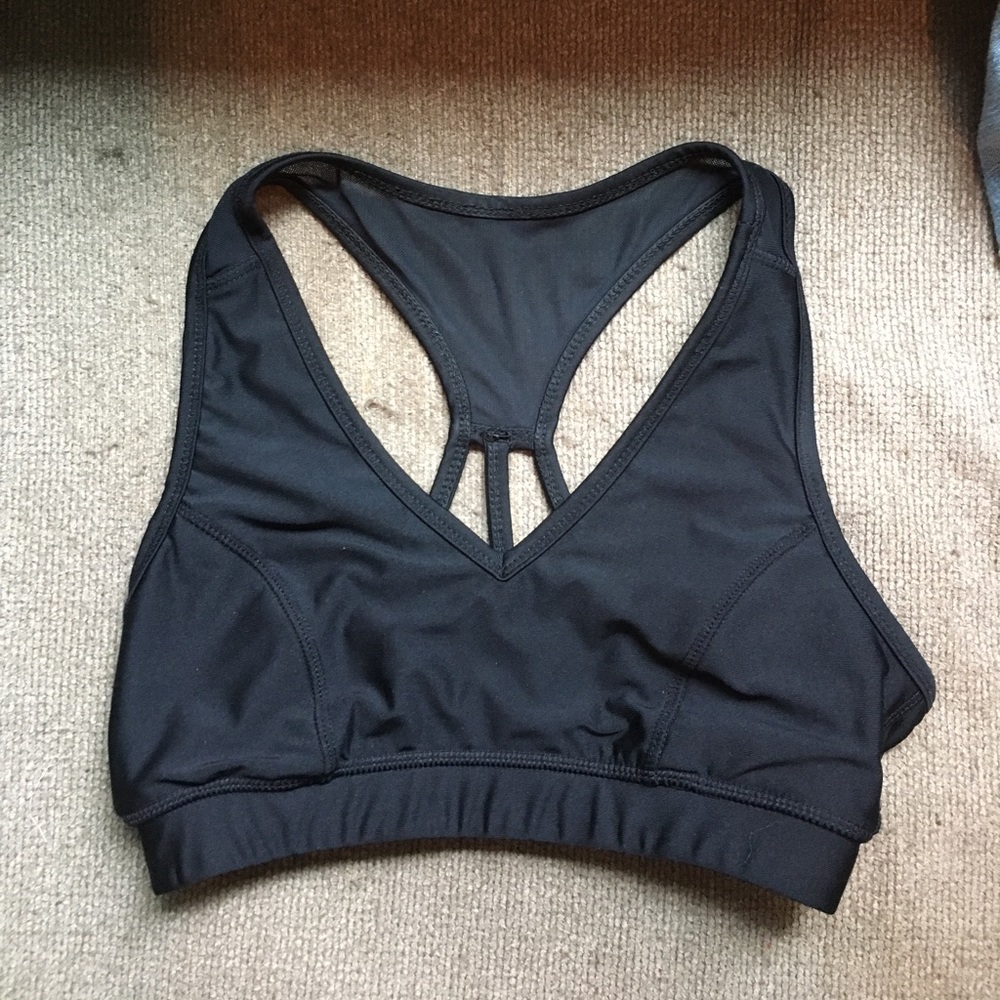Black sports bra with mesh back.