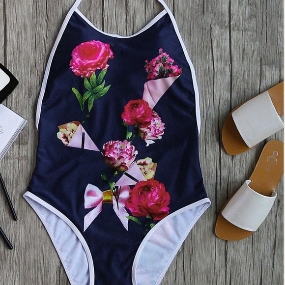 ๐HP๐Navy Floral Padded Halter 1 Piece - Picture 5 of 8