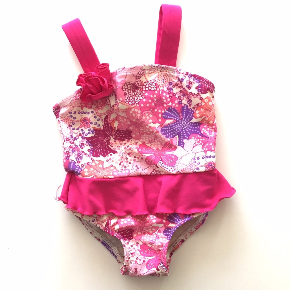 Pink floral ruffled swim suit