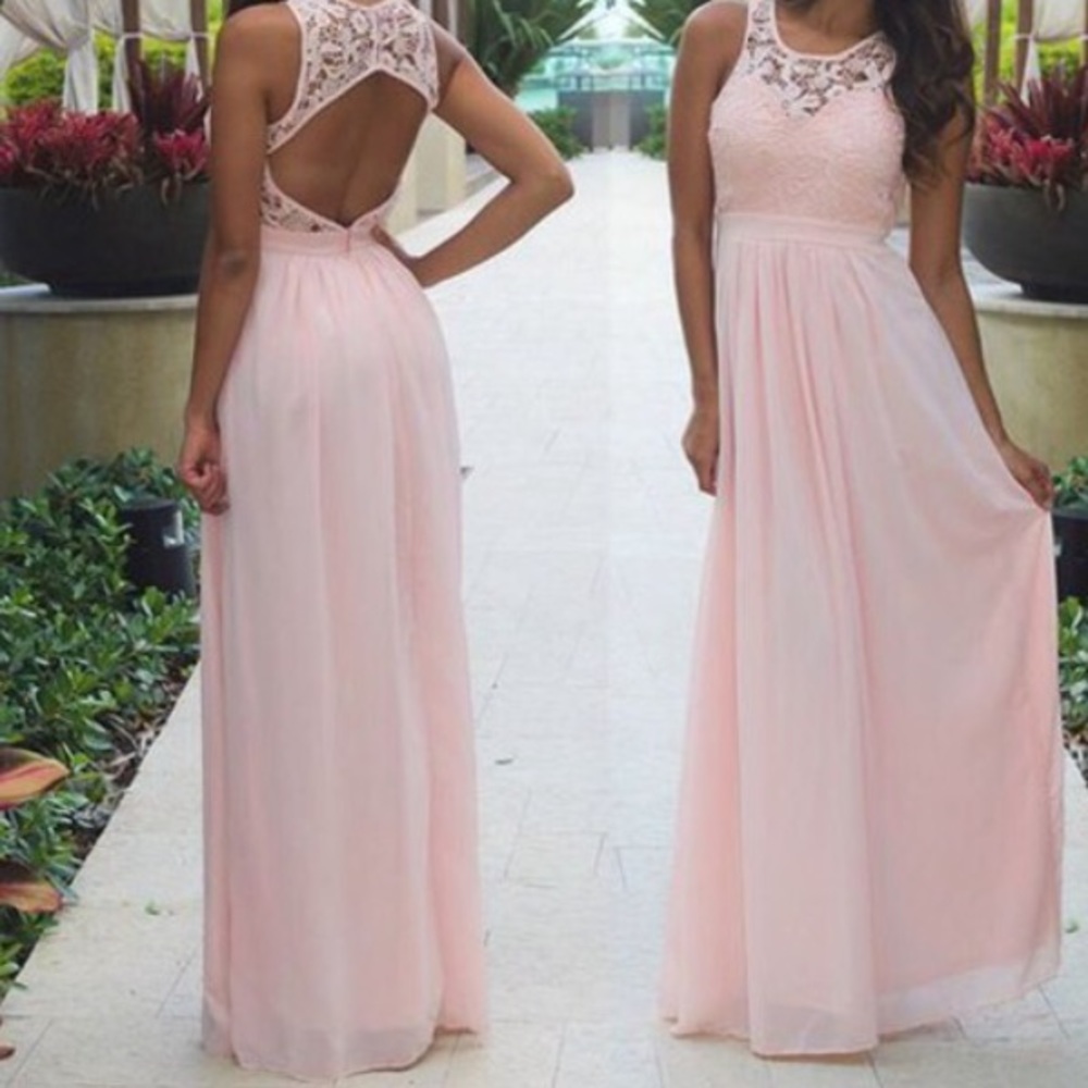 Pink crochet maxi dress with open back