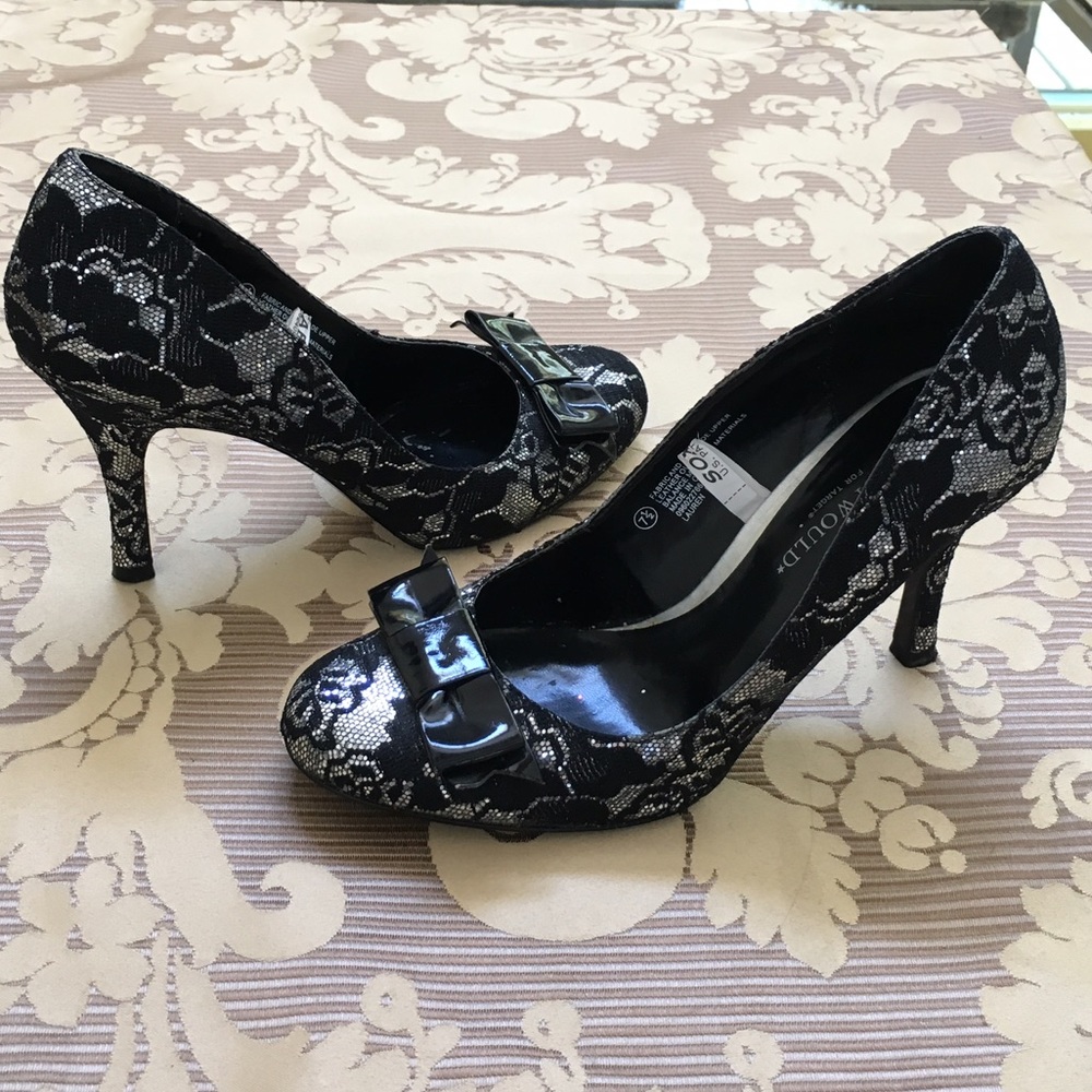 Hollywould Black Silver Lace High Heels with Bow - Picture 2 of 7