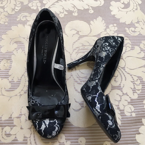 Hollywould Black Silver Lace High Heels with Bow - Picture 3 of 7