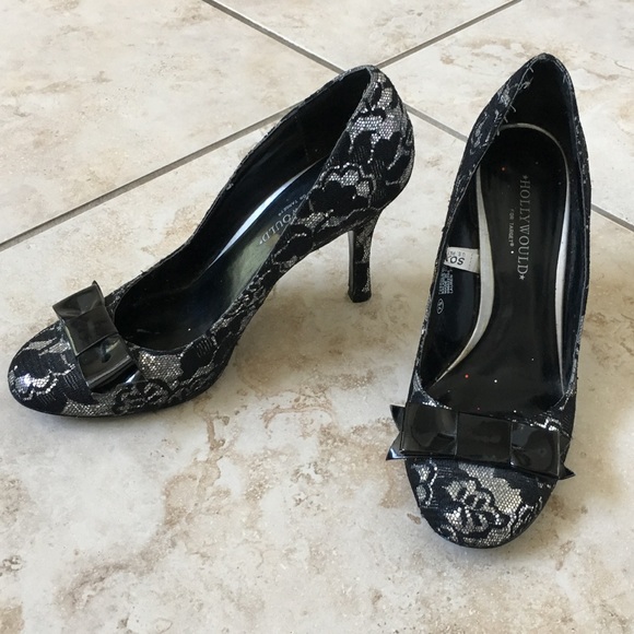 Hollywould Black Silver Lace High Heels with Bow - Picture 5 of 7