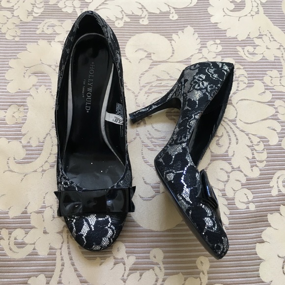 Hollywould Black Silver Lace High Heels with Bow - Picture 6 of 7