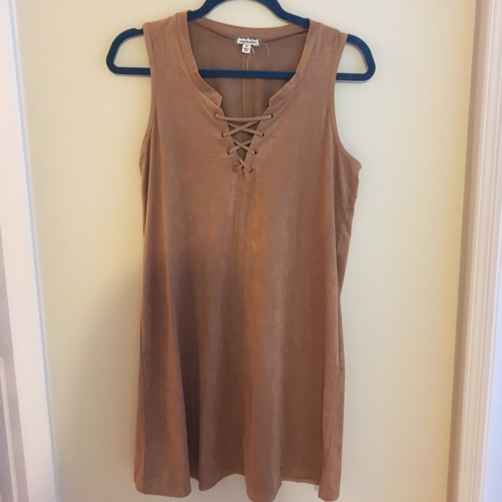 Camel faux suede lace-up swing dress