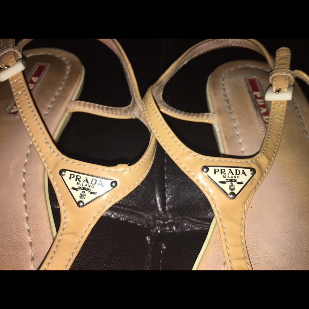 Prada camel beige tan brown logo Thong sandal