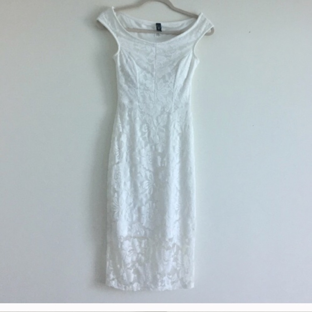 Windsor white lace body con off shoulder dress