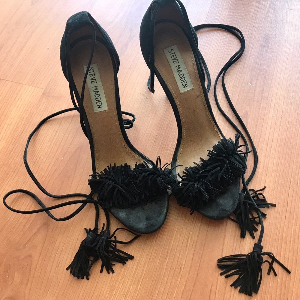 Steve Madden Black Fringe Sandals (Aquazurra dupe)