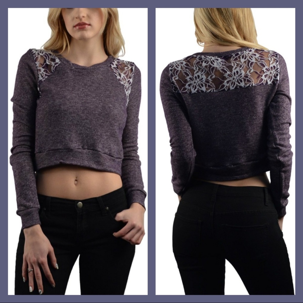 New! Purple Sweatshirt Crop Top W/Lace