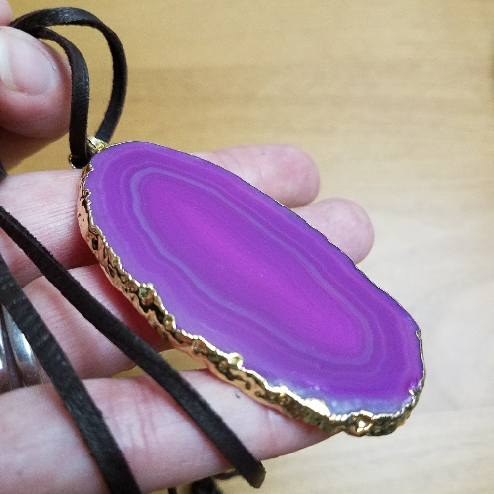 Slice Agate Pendant. Magenta/ Fuchsia Color
