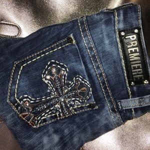 Name brand premiere jeans stone wash bling pockets