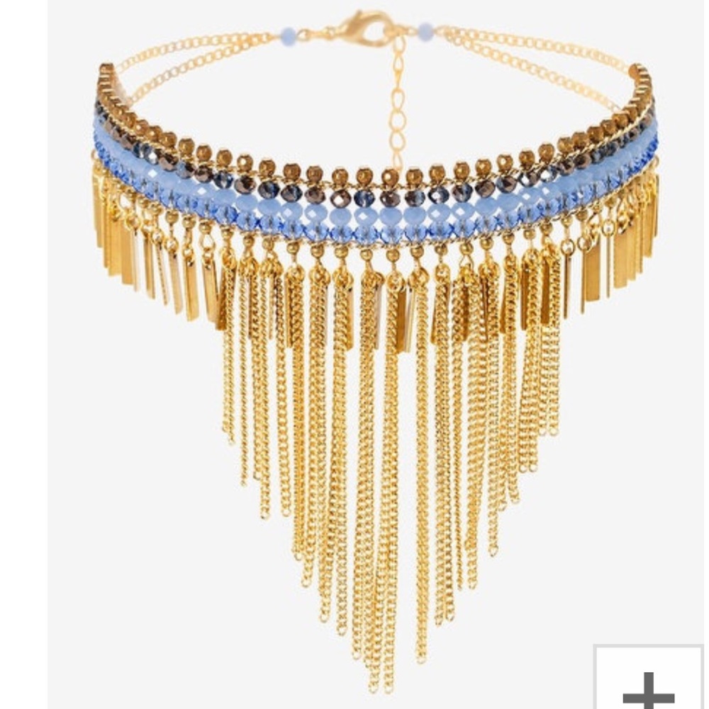 Beautiful gold & blue choker fringe necklace