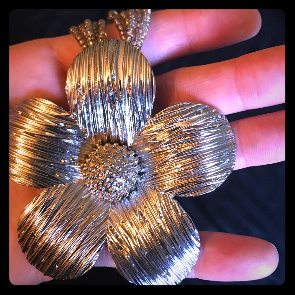 Large silver flower pendant necklace