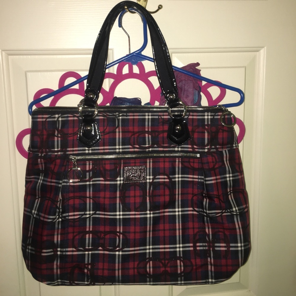 Coach poppy plaid print tote bag