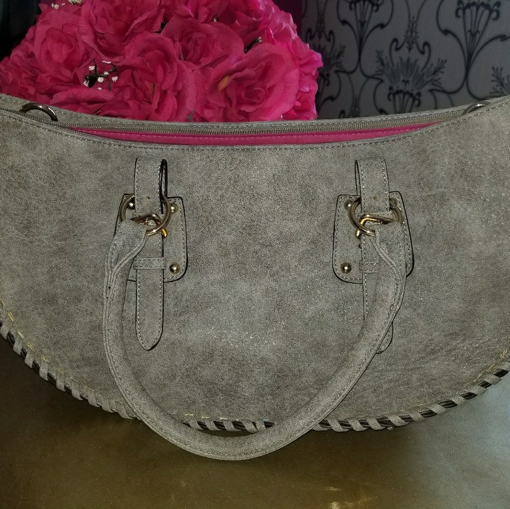 Smoke Gray Leather Purse with Gold Hardware