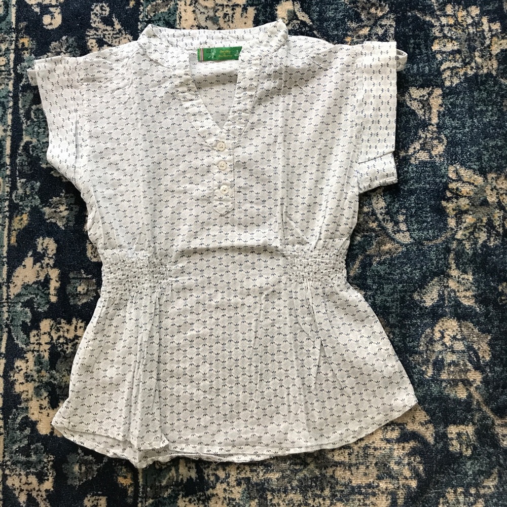 NWOT- 💯% Cotton White Blue Blouse Elastic Waist - Picture 1 of 8