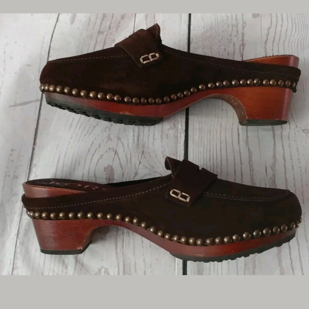 Michael Kors Suede Leather Clog Shoe Wood Studs