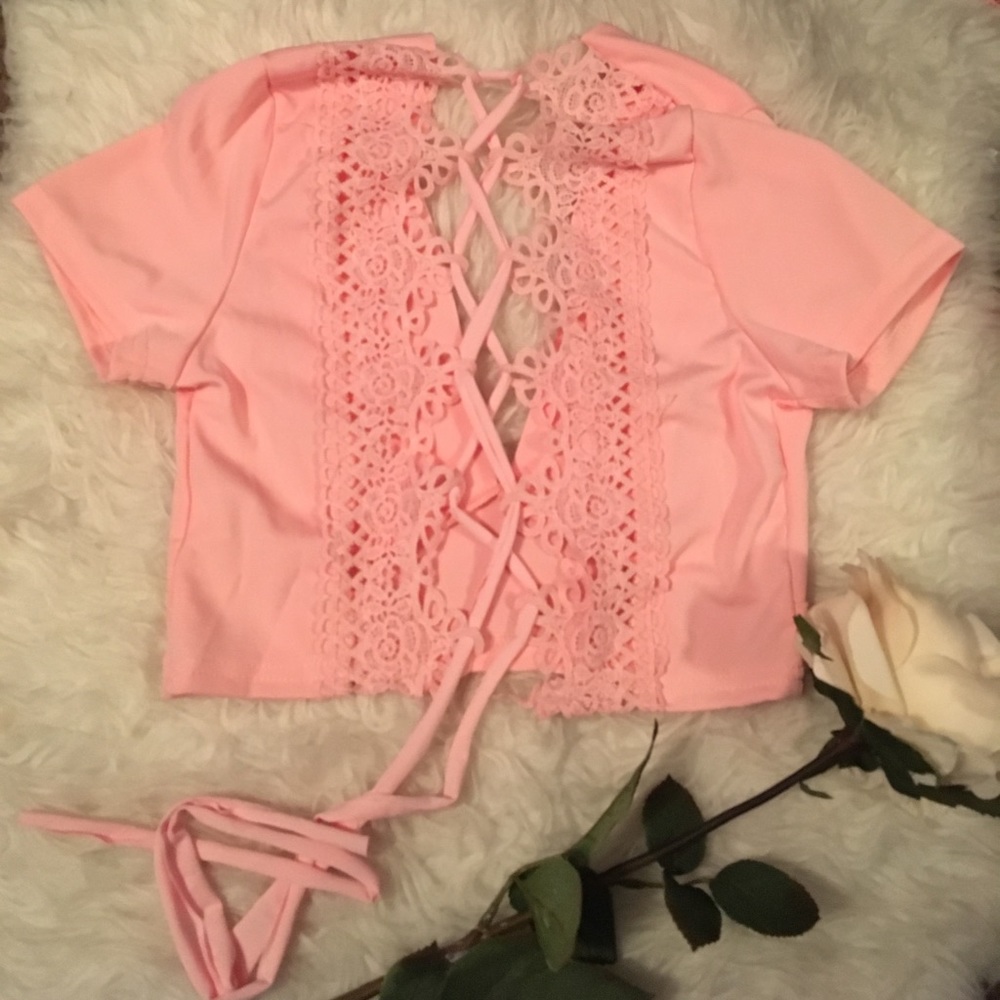 🌹 Pink Lace up tie & plunge crop top - Picture 4 of 4