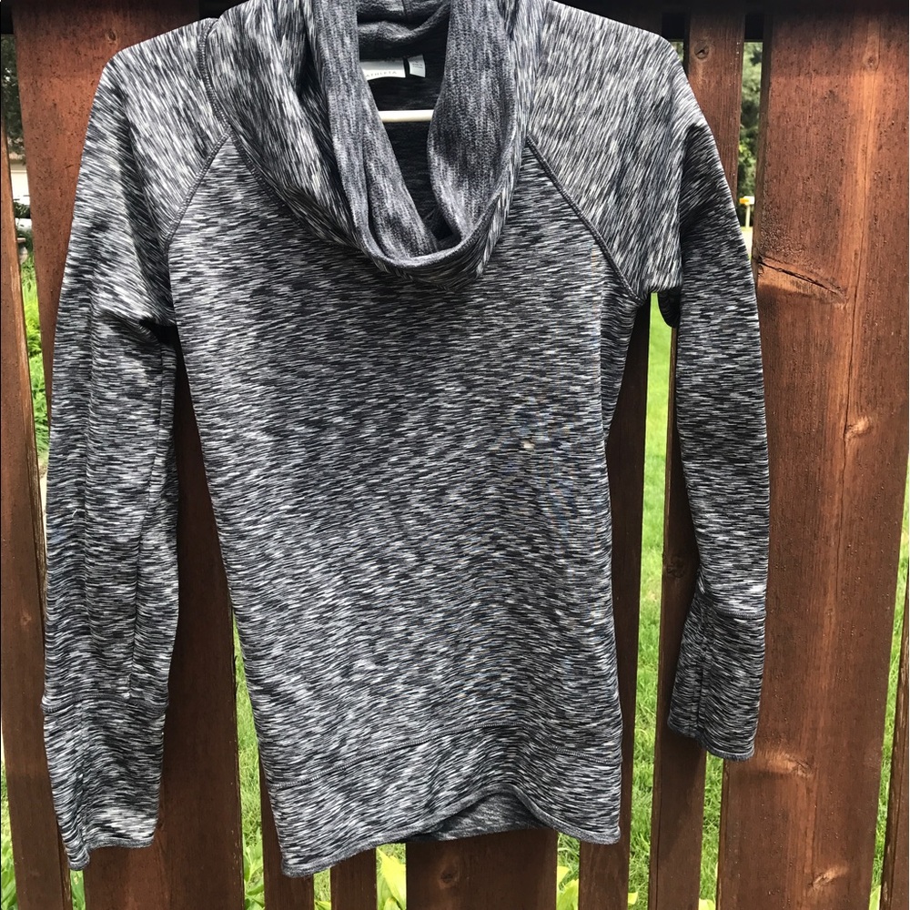 Black and white Athleta cowl neck sweater