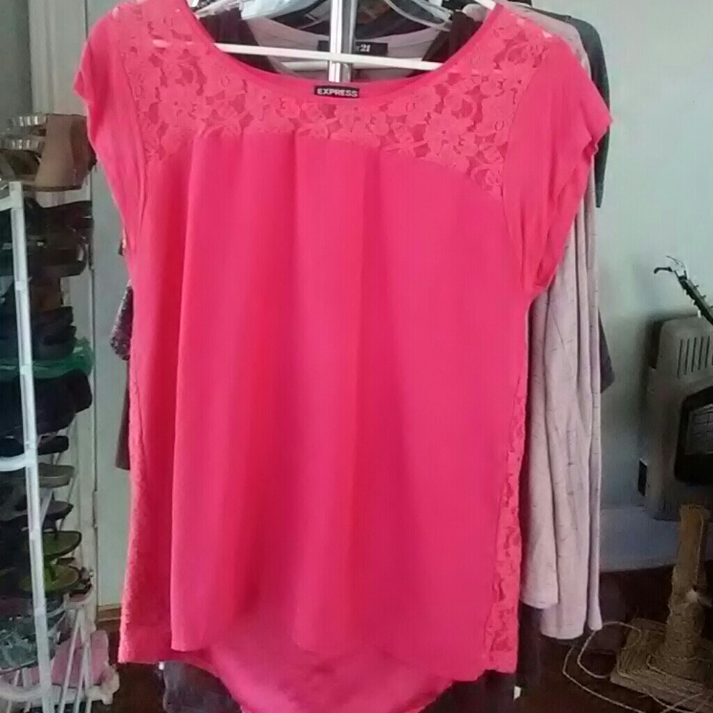 Coral blouse with lace accents