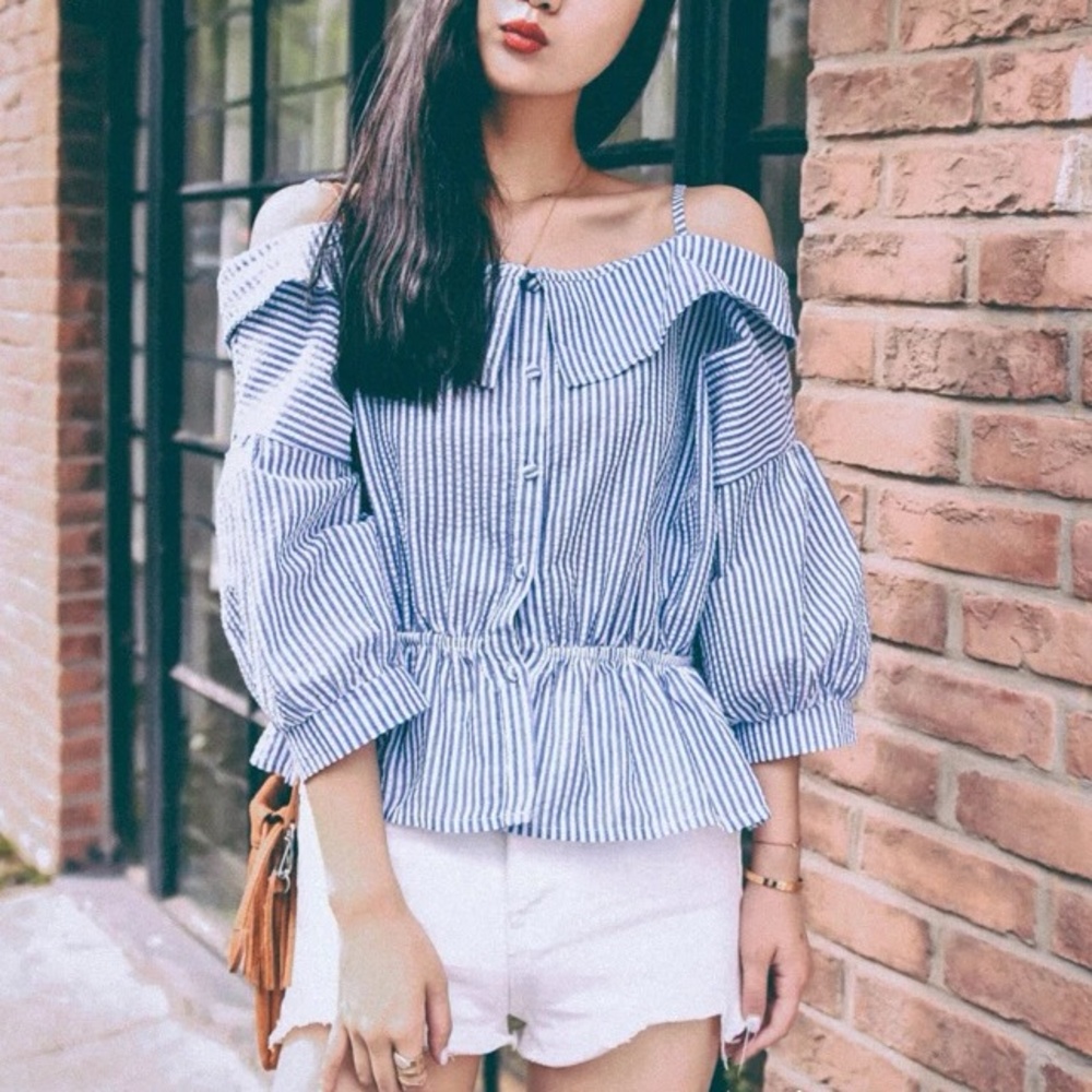 Stripe blue & white off shoulder top blouse S