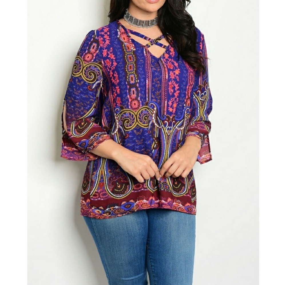 Plus Size Blue Paisley Multi Print Blouse