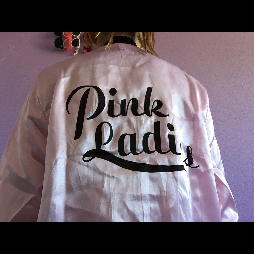 Pink Ladies' jacket, glasses, and scarf!