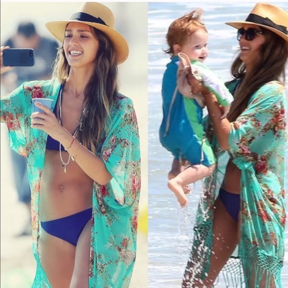 Jade Green Floral Fringe Kimono - Picture 3 of 5