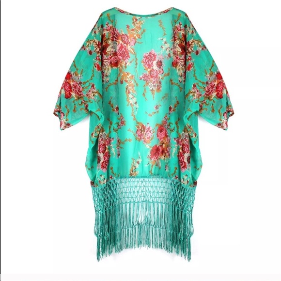 Jade Green Floral Fringe Kimono - Picture 4 of 5