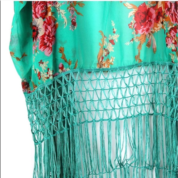 Jade Green Floral Fringe Kimono - Picture 5 of 5