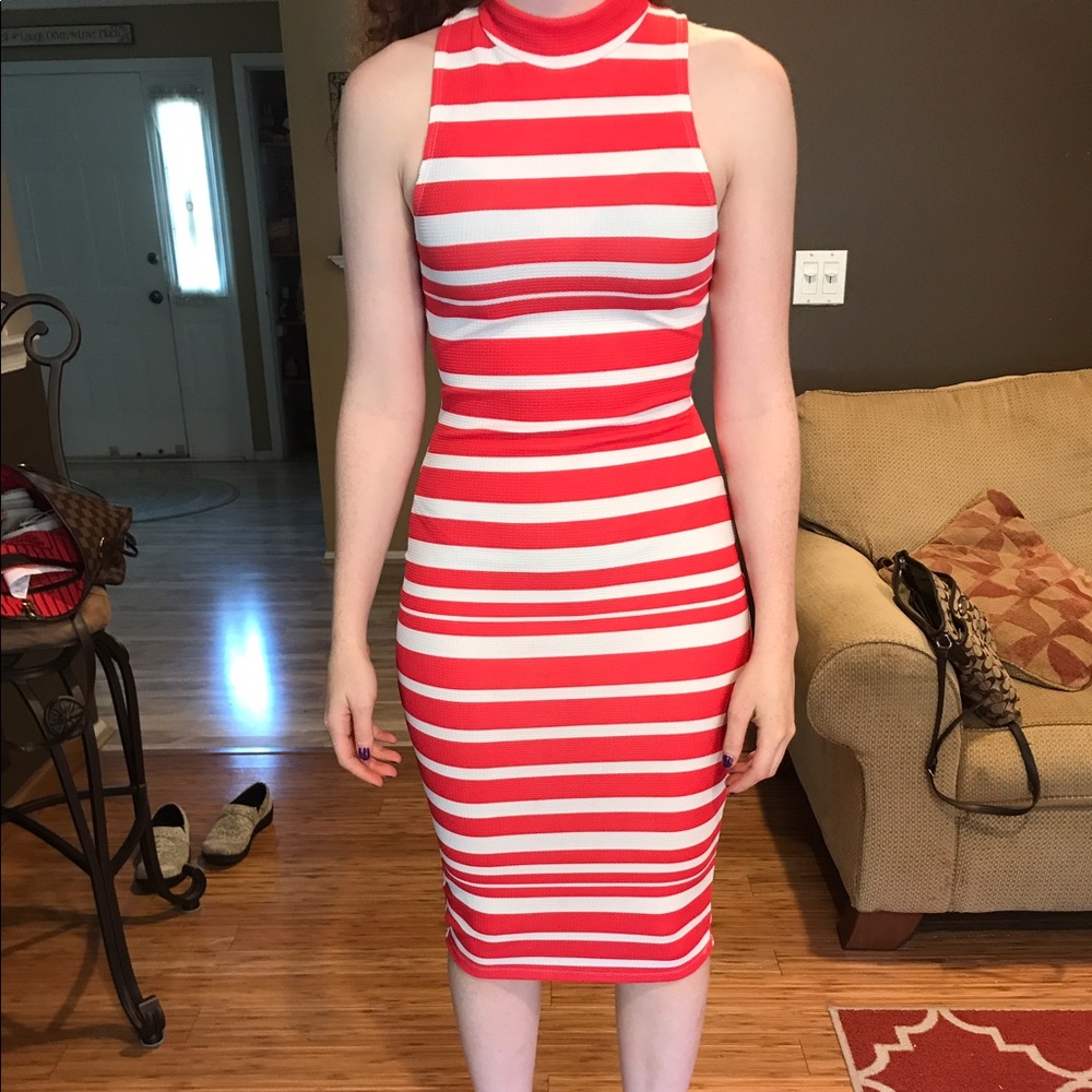 Bright pink and white stripped body con midi dress