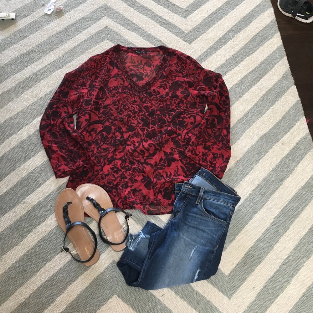 Red and black floral blouse with jeweled collar