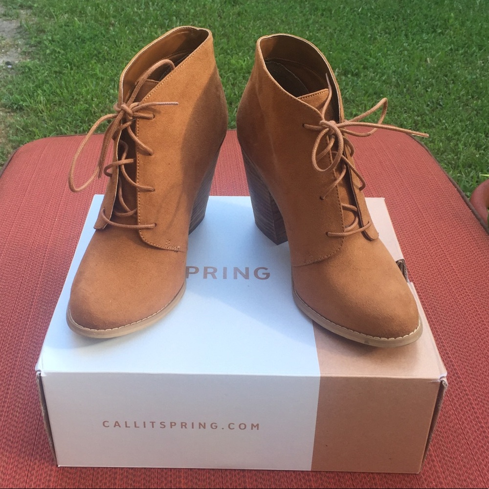 Call it spring. Caramel suede booties.