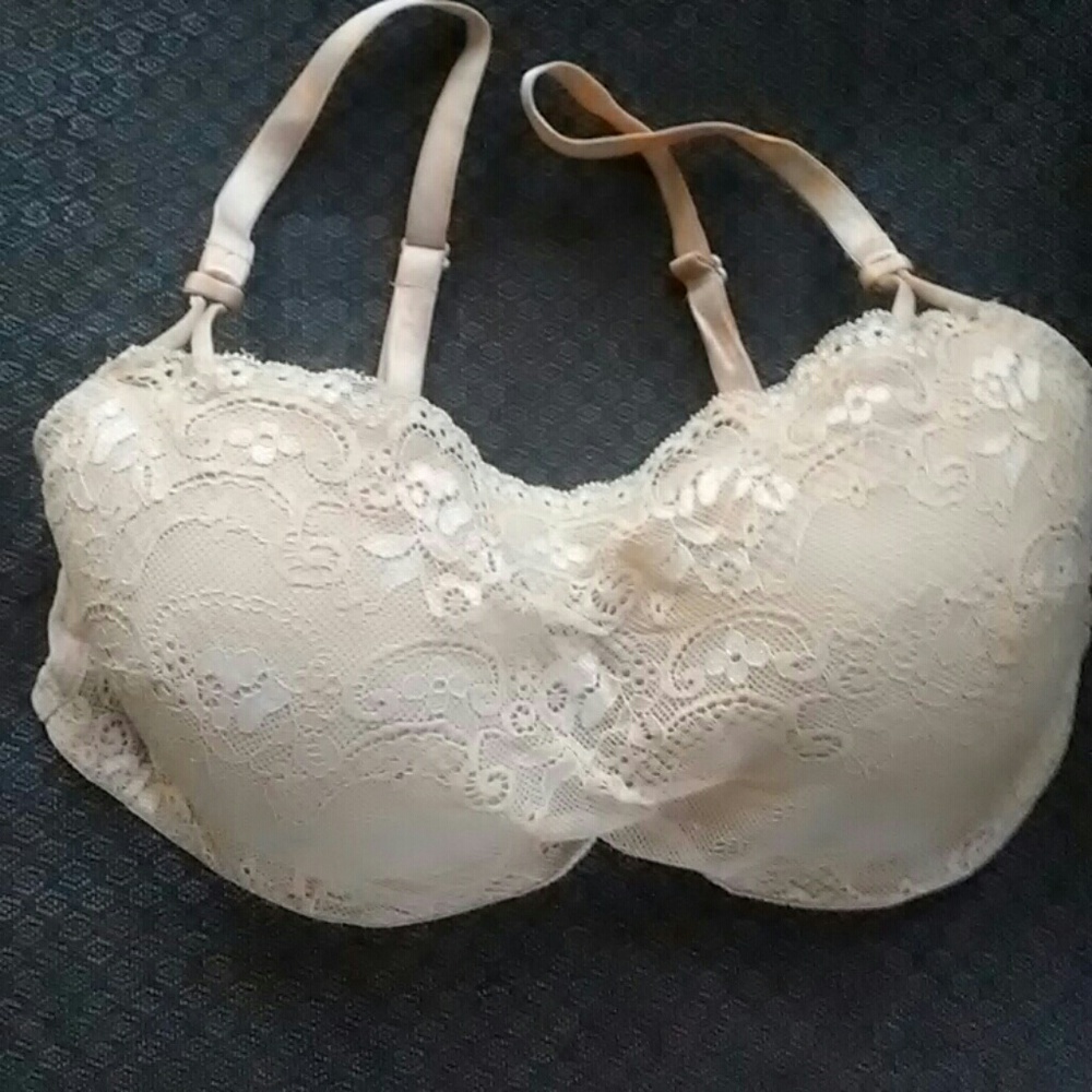36D beige lace bandeau overlay on underwire bra