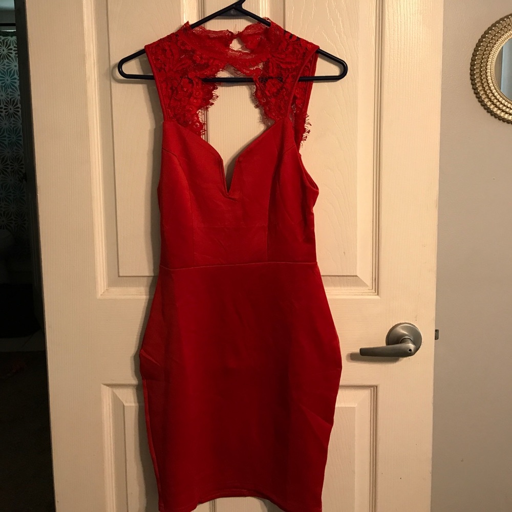 Red semi lace bodycon dress