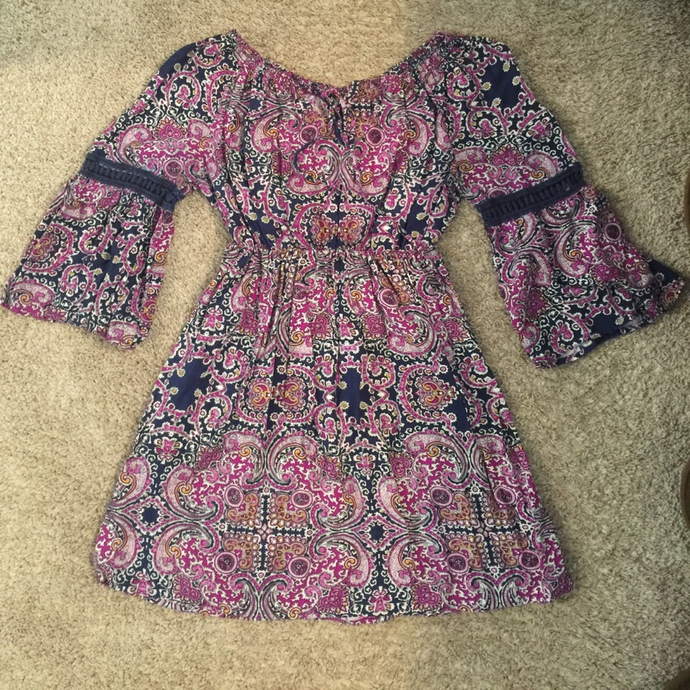 Short dress with quarter length bell sleeves