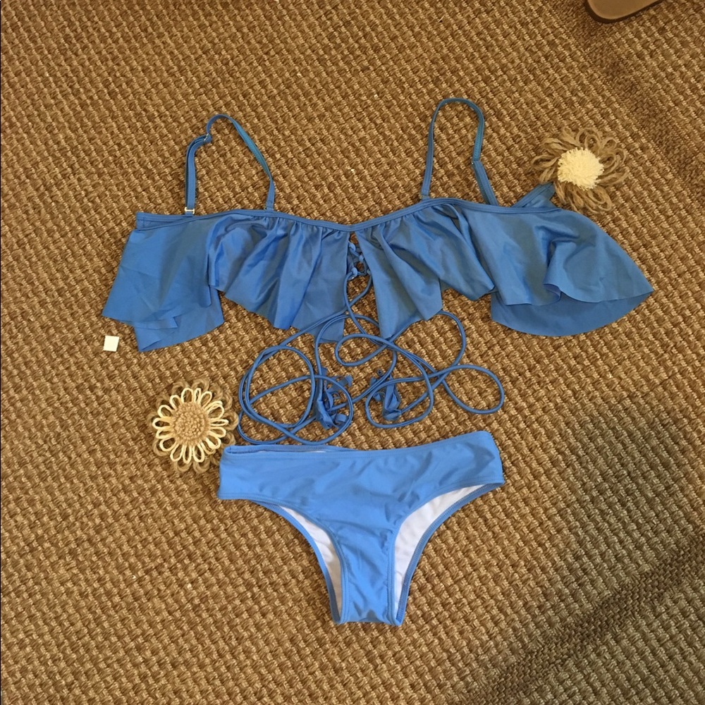 Blue Cheeky Off-the-Shoulder Bathing Suit Set