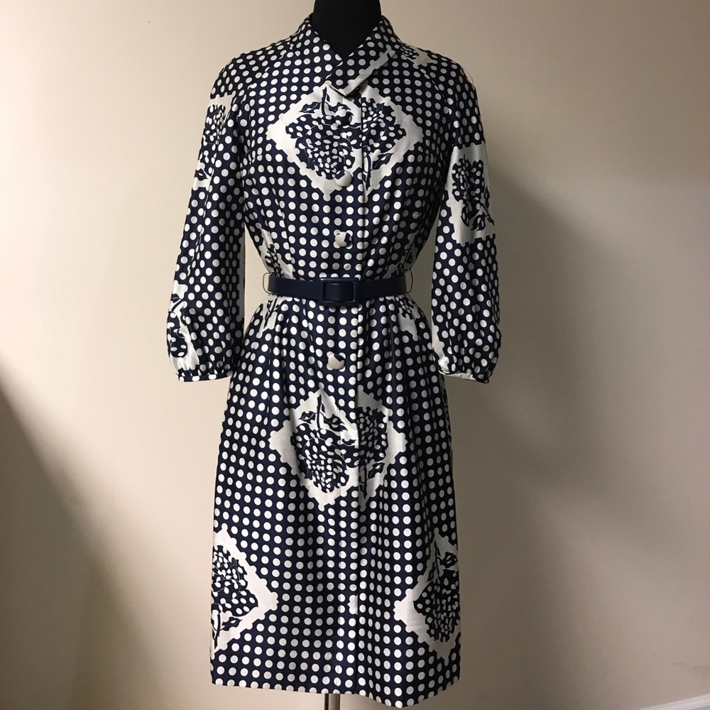 Vintage 1950s French Silk Floral And Dot Dress