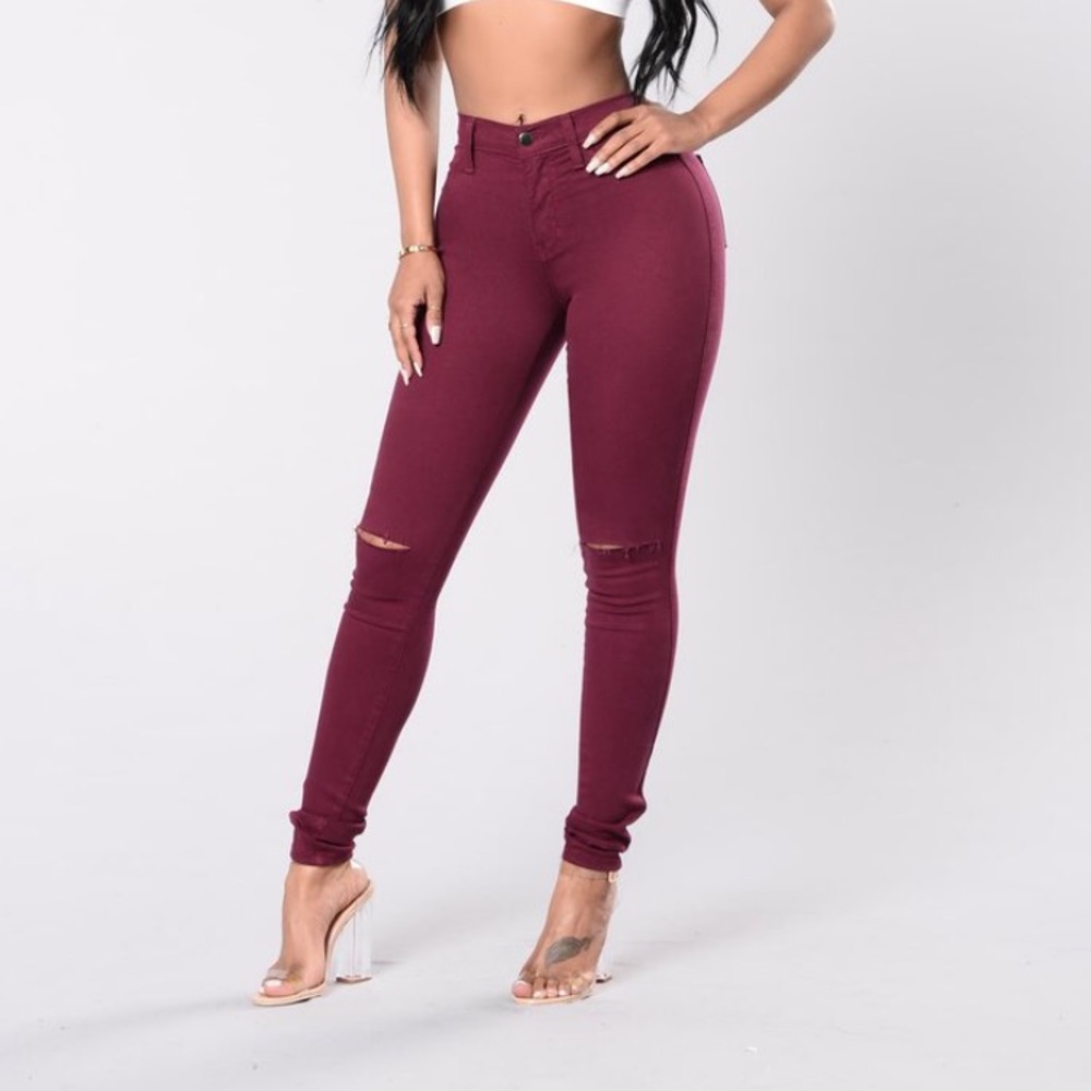 Knee Slit High Waisted Burgundy Jeans
