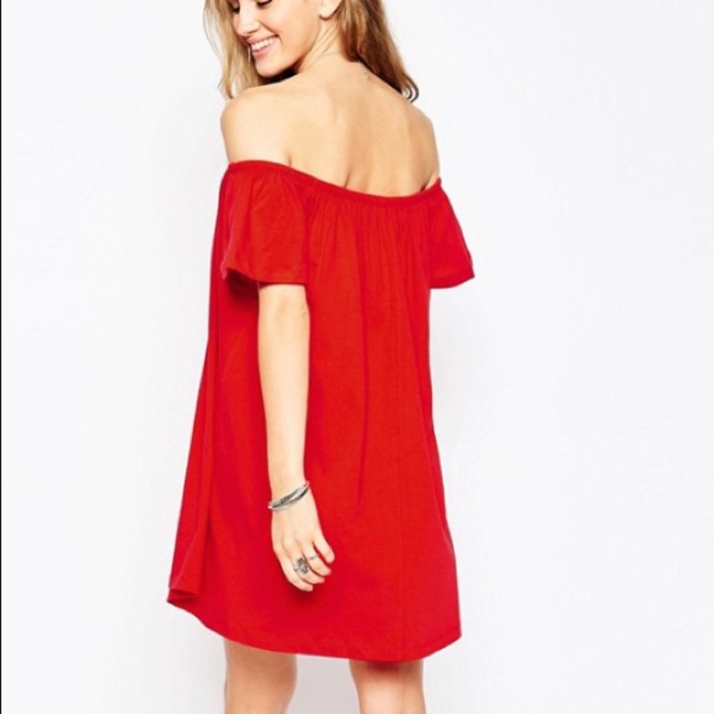 Red off the shoulder mini dress