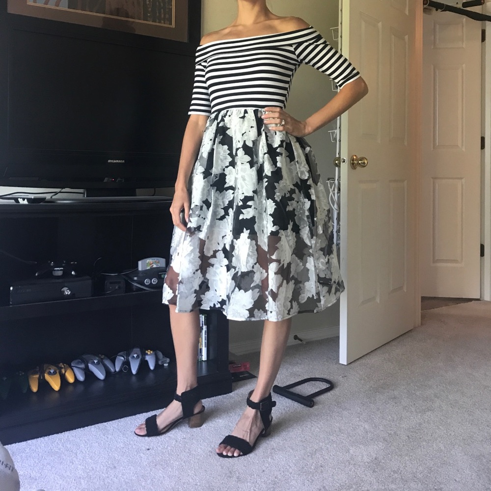 Off the shoulder striped and floral dress