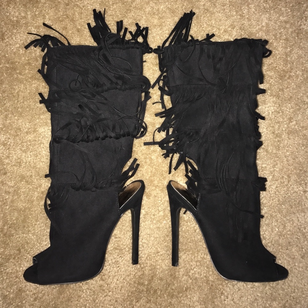 Black Suede Heels with Fringe
